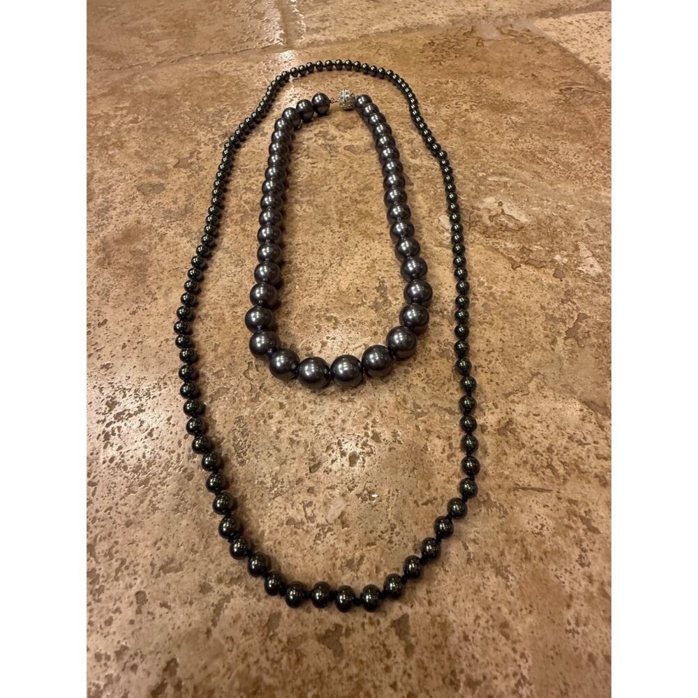 Black & Hematite Beaded Necklace Set With Magnetic Clasp